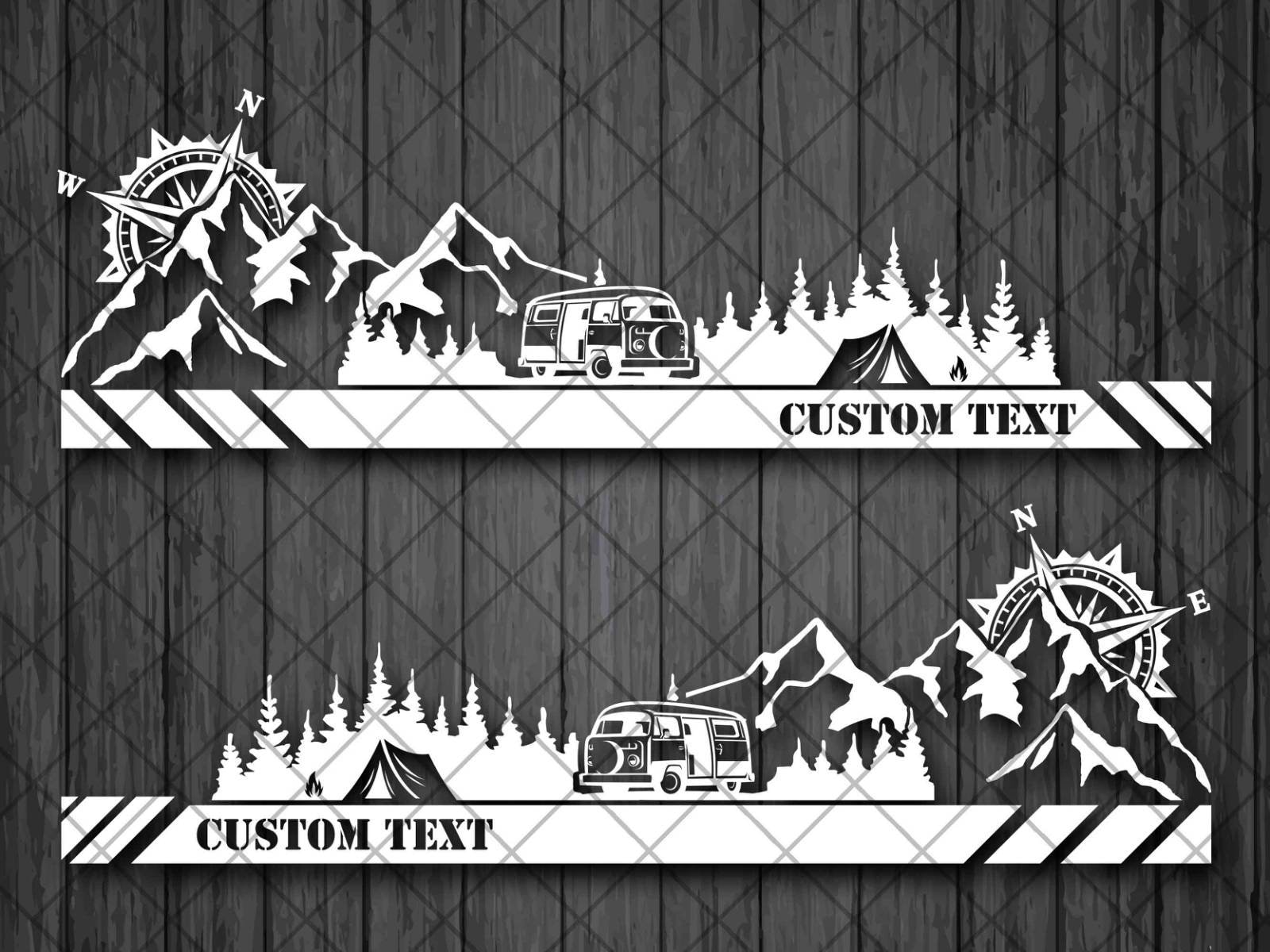 Custom Text Treeline Mountain COMPASS CAMPING Van Vinyl Decal Stickers, Mountain and Treeline Vinyl Stickers Vehicle Set, Pair Decals