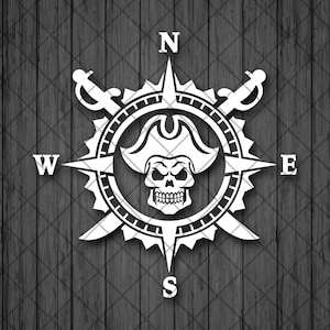 Adesivo de decalque de vinil pirata crânio capitão bússola, rosa de bússola, decalque de capitão de navio, decalque de caminhão, adesivos para laptop, decalque de garrafa de água