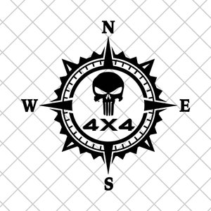 Può includere: Bussola in bianco e nero con un teschio e ossa incrociate al centro e il testo "4x4" sotto. I punti della bussola sono etichettati N, S, E e W.
