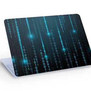 May include: A laptop computer with a blue and black design featuring a pattern of binary code. The code is illuminated with blue light.