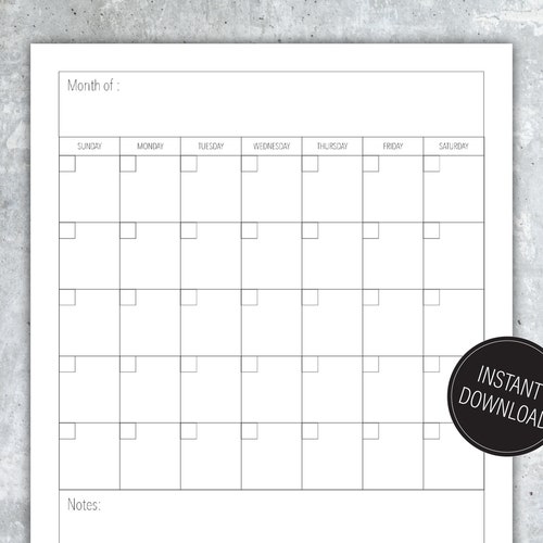 Blank Monthly Calendar Printable Landscape Minimalist - Etsy