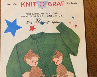 Vintage Knit O Graf "Pixie" Cardigan Sweater Knitting Pattern Sz 6-12 Kids 1954