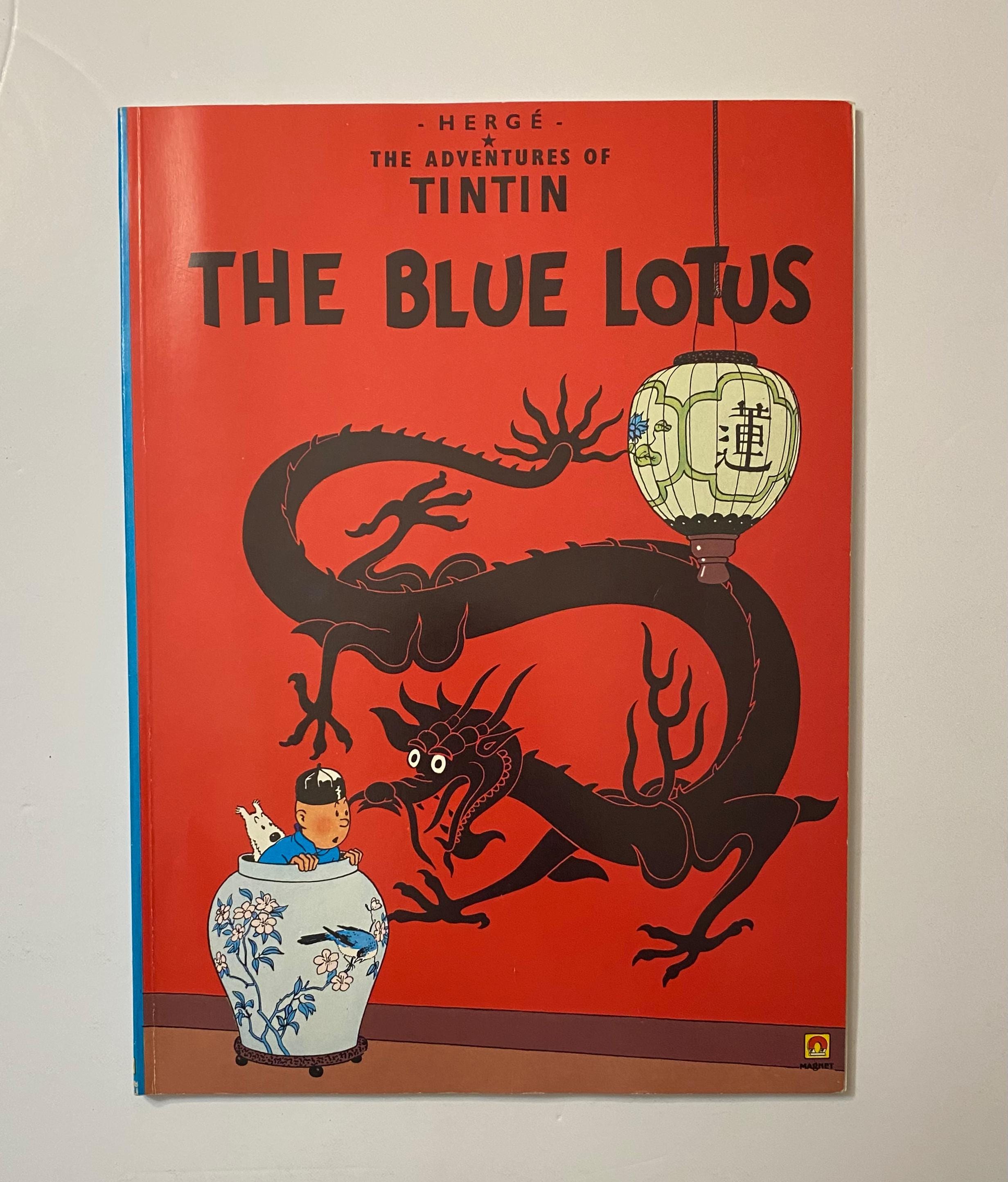 Cravate En Soie Tintin Bleu Lotus – Vintage Rare – édition Hergé Belgique – 56x3 Cm