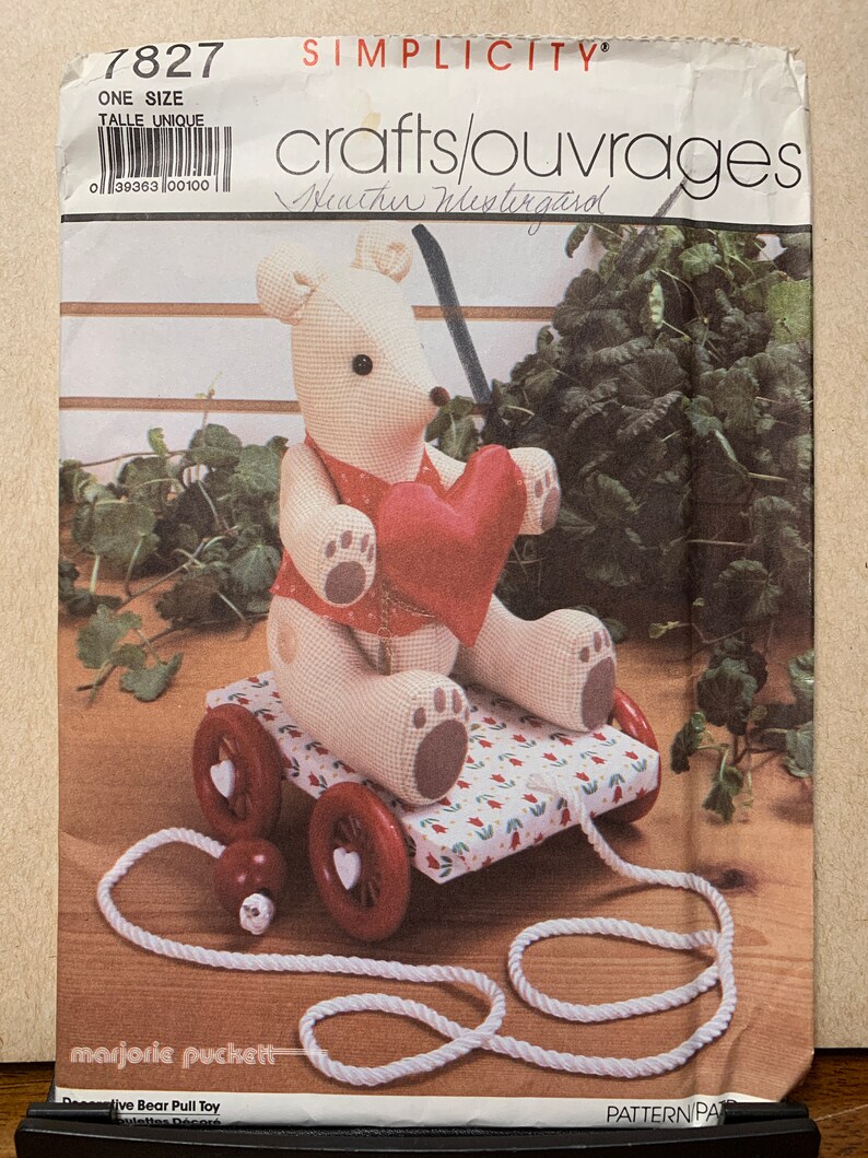 Vintage Simplicity 7827 Sewing Pattern Decorative Stuffed Bear Pull-Toy UNCUT/FF Dated 1986 Bear is 12 tall Marjorie Pucket image 1