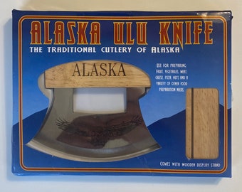 Vintage Alaska Ulu Knife with Wooden Stand. The Traditional Cutlery of Alaska. Originally used by Eskimos for Skinning and Cleaning.