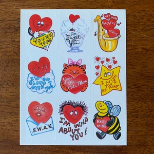 vintage Rare Valentines Sticker Sheet Hearts Mignon Clever Dictons années 80