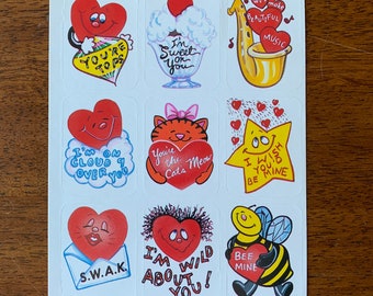 Vintage Rare Valentines Sticker Sheet Hearts Cute Clever Sayings 80's