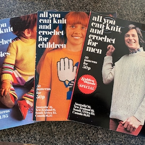 LOT of 3 Vintage Books All You Can Knit and Crochet for Men, Children, Baby Great Patterns Dress Aran Sweater Dated 1971,72