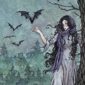 May include: A woman with long dark hair wearing a purple shawl and a white dress stands in a forest. She is reaching out her hand towards a group of bats flying in the air. The background is a dark blue and green watercolour painting.