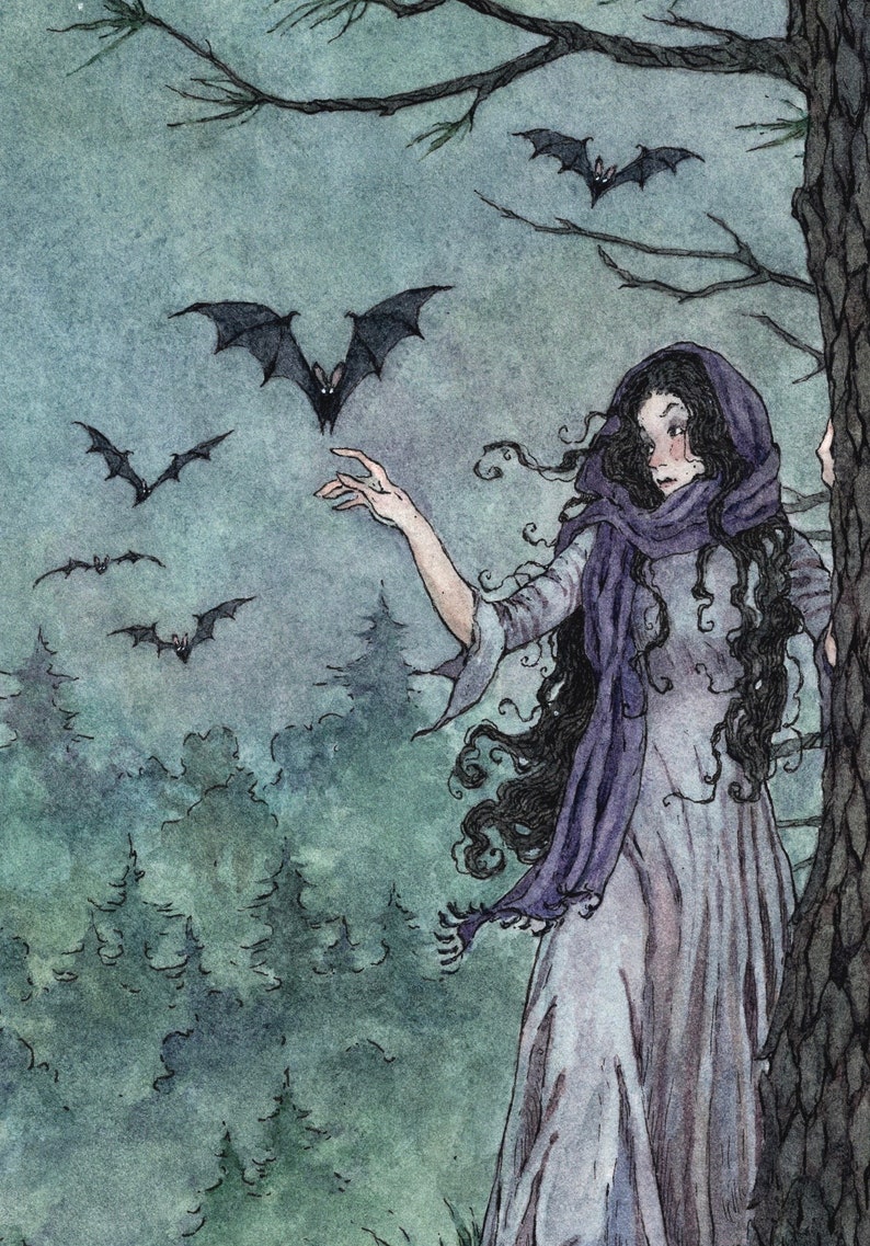 May include: A woman with long dark hair wearing a purple shawl and a white dress stands in a forest. She is reaching out her hand towards a group of bats flying in the air. The background is a dark blue and green watercolour painting.