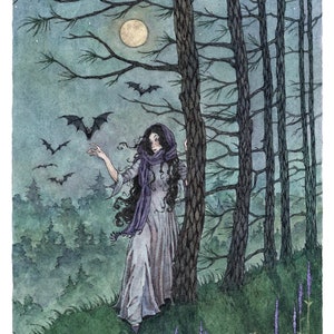May include: A woman in a long, flowing dress and a purple scarf stands in a forest at night. The moon is full and there are bats flying around her. The text "The Gloaming" is written at the bottom of the image.