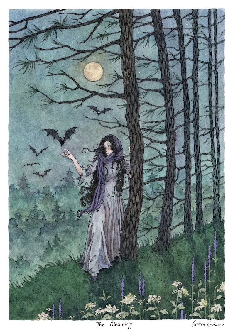 May include: A woman in a long, flowing dress and a purple scarf stands in a forest at night. The moon is full and there are bats flying around her. The text "The Gloaming" is written at the bottom of the image.