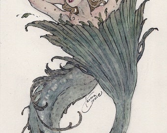Sandy Blue Mermaid: Original Watercolour Painting