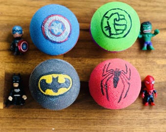 Superhero Toy Surprise Bath Bombs: Set of 4, Kids Gift, Stocking filler, Party favours
