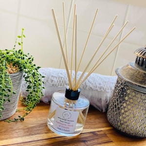 May include: A glass reed diffuser with wooden reeds and a black collar. The label reads "Cashmere, Musk & Freesia." The diffuser is on a wooden surface, next to a small potted plant and a decorative lantern.