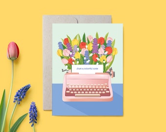 Typewriter greeting card, Retro/Vintage typewriter card, floral card, tulips, thinking of you card