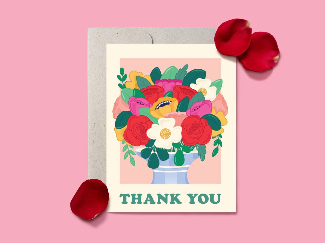 Bright Flower Bouquet Thank You Card - Etsy