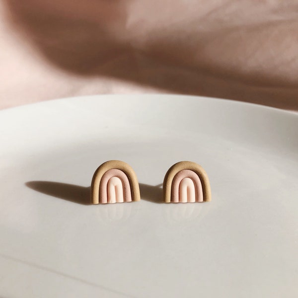 Mini Rainbow Polymer Clay Arch Earrings | handmade earth tone earrings | modern boho dangle earrings | minimalist small rainbow studs