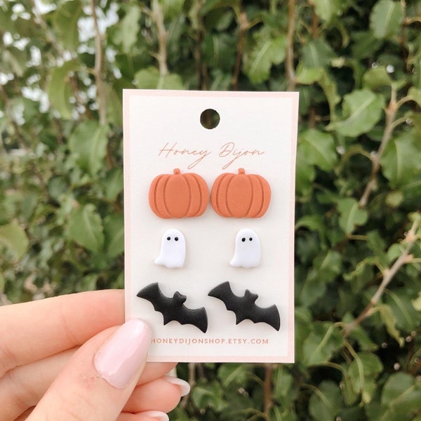 Halloween Polymer Clay Stud Earrings Set | autumn minimalist jewelry | Ghost Pumpkin Bat Fun holiday jewelry | Halloween fall earrings