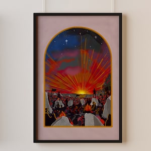 Glastonbury Festival Illustrated Art Print Eco-Friendly Poster Music Festival Camping Sunrise at Stone Circle A2 A3 A4 image 1