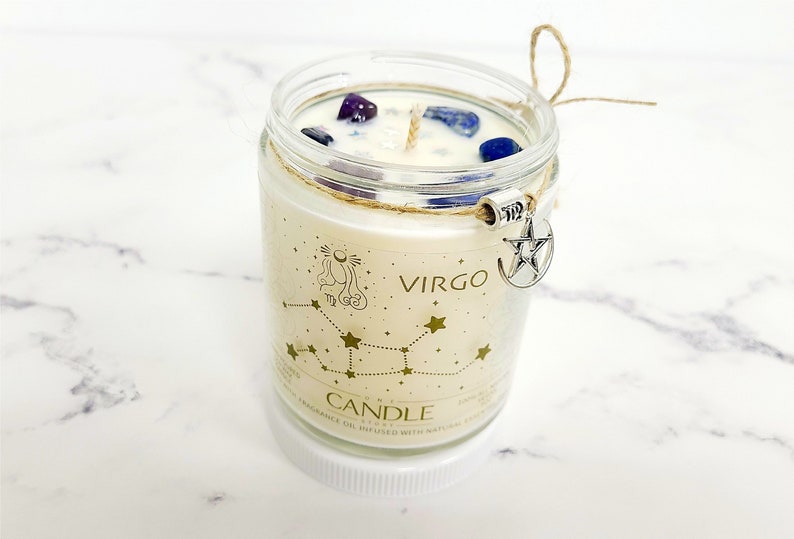 Virgo Horoscope Sign Natural Crystal Candle with Special Zodiac Sign and Charm, Pure Soy Wax Astrology Scented Candle as a Birthday Gift 