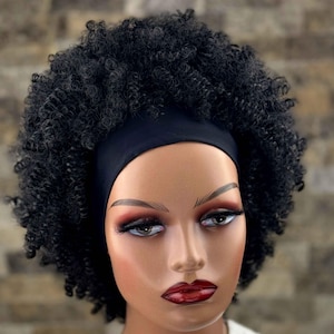 Afro Curly Headband Wig for Black Women,Short Afro Puff Headband Wig,Natural Black, Protective Style,Kinky Curly Wig,No Glue, Ready to Wear
