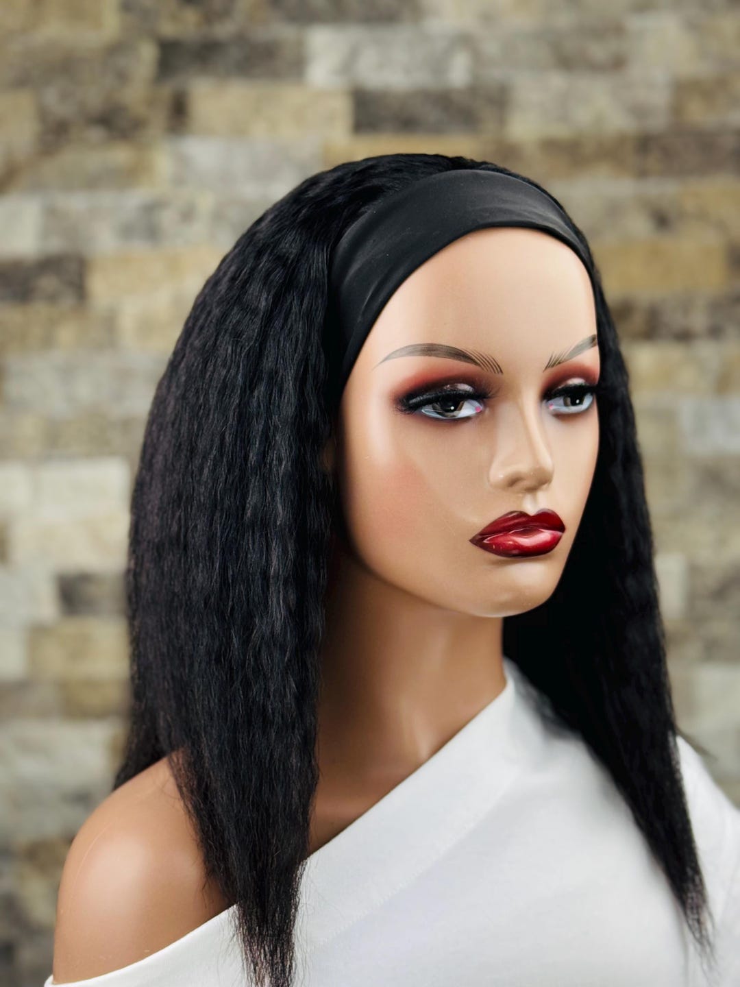 Kinky Straight Headband Wig, Natural Black Human Hair, 180 Density