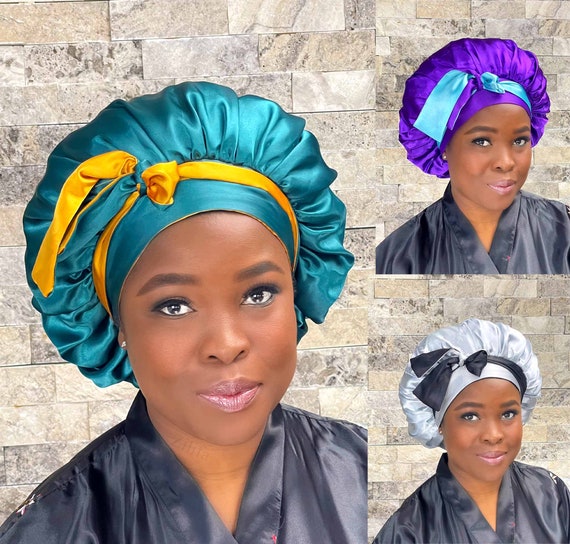Amzpas Cappello Da Notte In Raso Di Seta Regolabile Per Capelli Lunghi - Morbido, Traspirante, Doppio Strato, Protezione Capelli