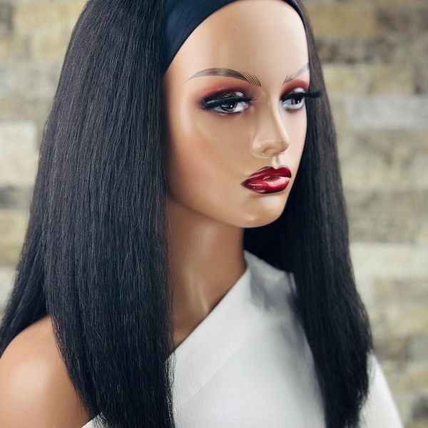 16” Kinky Straight Headband Wig for Black Women | Natural Black Heat-Resistant Synthetic Hair | Realistic Texture |Easy Wear Protective Hair