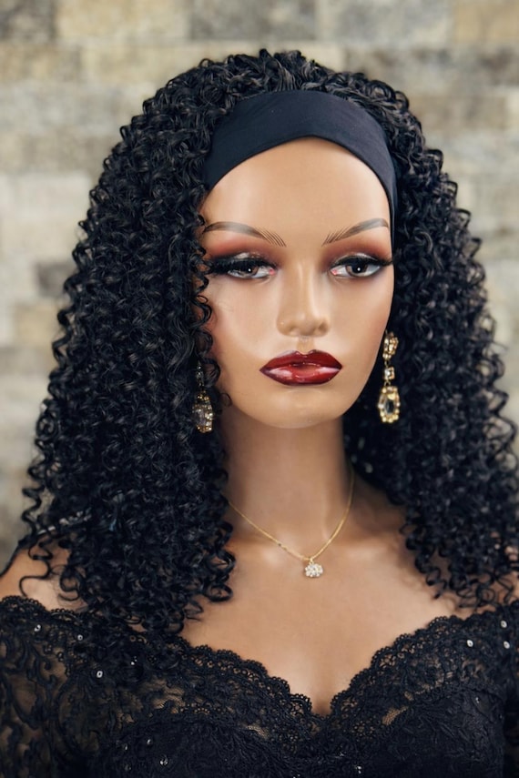 18 Inch Curly Headband Wig, Black Synthetic Hair - Etsy