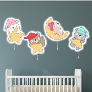Set of 4 | Bear Nursery Wall Light, Nursery Lighting, Cute Bear Lamp, Gifts for baby and kids, Sleeping Bear Lamp,Kids Room Wall Decor
