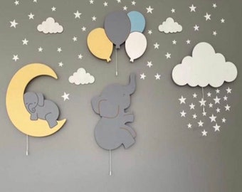 Zestaw 4 | Oświetlenie ścienne do pokoju dziecięcego, balony ze słoniami, księżyc i chmura, kinkiet dla dzieci, lampa do pokoju dziecięcego, wystrój pokoju dziecięcego
