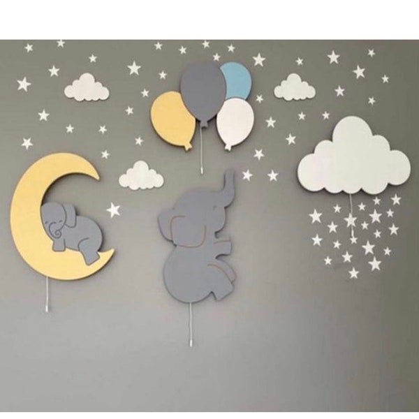 Lot de 4 | Éclairage de pépinière, ballons d'éléphant, lune et nuage, lampe de mur d'enfants, lampe de pépinière, décor de chambre de bébé, éclairage de mur de pépinière