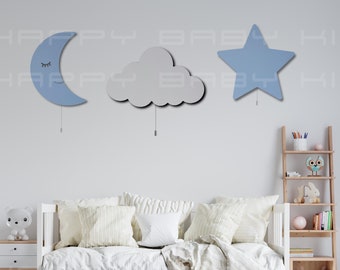 Nursery Wall Light, Moon Cloud Star Wall Lamp, Kids Wall Lamp, Nursery Decor, Baby Room Decor,Set of 3,Mini Cloud, 100 stickers gift