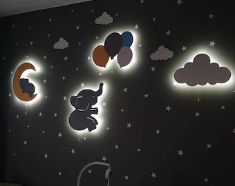 Set di luci notturne a forma di elefante per la cameretta dei bambini, decorazione in legno per la cameretta, 4 pezzi