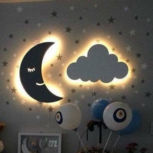 Set of 2 | Personalized Name Nursery Wall Light, 3 Mini Cloud, 150 stickers gift,Nursery Lighting,Wooden for Baby Room,Kids Room Wall Decor