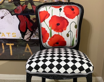 Red, Black and White.  Who doesn't love this Mackenzie Childs flavor vibe on a Chair!  Fun poppy chair for a Statement piece anywhere!