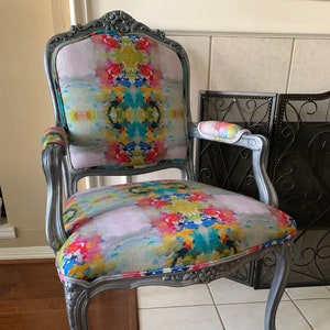 French Arm Chair Watercolor with Contemporary flair-Rich BoLD fabric colors! Great gift for Mom!