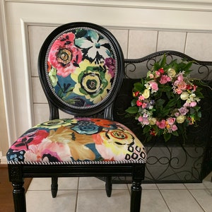 Beautiful Vanity Chair with Multicolored Floral, Black and White accents! Customize for perfect Mothers Day gift.