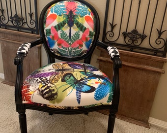 Whimsical Accent Chair with Butterflies and Insects Colorful Black Arm Chair