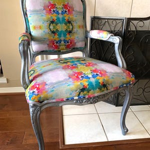 Watercolor Print Louis XV Chair: Brushed Metallic Finish, Bold Linen Fabric