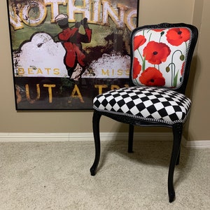 Poppy Red Chair with Black and White accents on seat and back. Colorful chair for your bedroom, vanity, entryway!