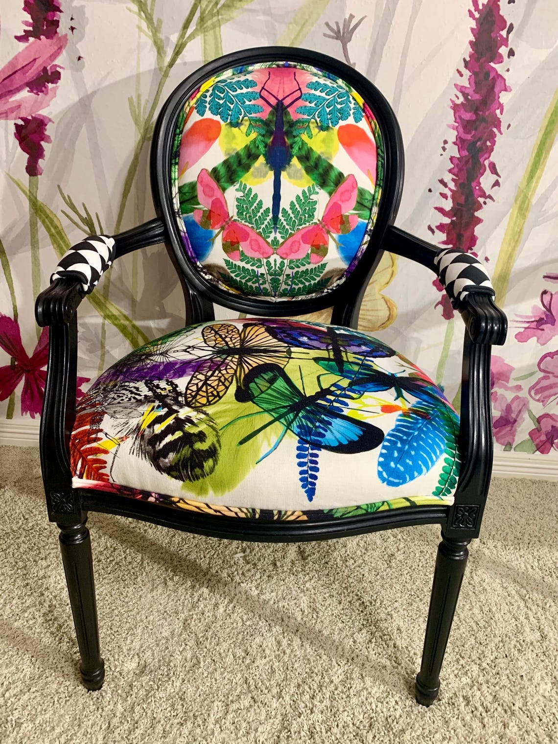 Whimsical Accent Chair With Butterflies and Insects Colorful Black Arm ...
