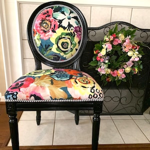 Floral & Check Vanity Chair: Mackenzie Childs Style Accent Chair