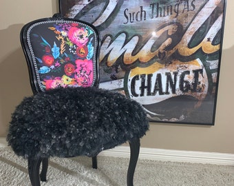 Vanity chair with Black Curly Fur and Bright Floral!  One of a KIND gift! Ready to ship! Great gift for mom!