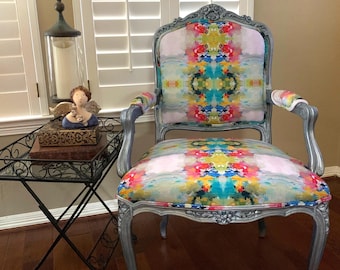 Watercolor Print Louis XV Chair: Brushed Metallic Finish, Bold Linen Fabric