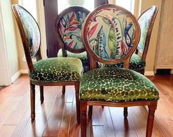 Dinette Chair Set: Green Velvet Leopard & Leaf Print, Custom Whimsical Design