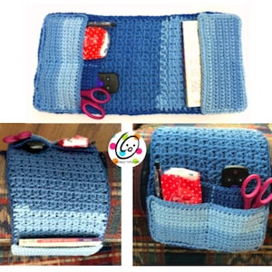 May include: A blue crocheted couch armrest organiser with pockets for remotes, pens, and other small items. The organiser has a flap that can be folded down to create a larger pocket.