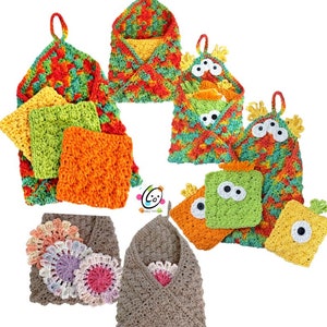 May include: Set of five crocheted dishcloths in various colours and patterns, including a brown dishcloth with a heart design, a green dishcloth with googly eyes, and a yellow dishcloth with googly eyes.