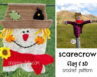 May include: A crochet scarecrow flag and 3D scarecrow pattern. The flag is a close-up of the scarecrow's face with a red scarf and a sunflower. The 3D scarecrow is standing in a field.